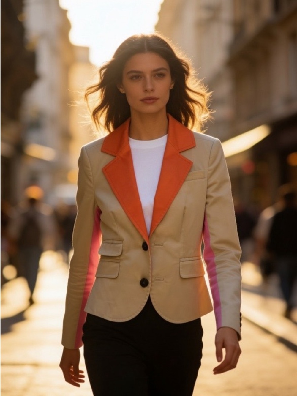 VENUS Beige Blazer with Orange Lapel & Pink Side Panels